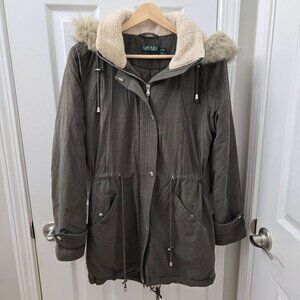 Lauren Ralph Lauren Parka Womens S Olive‎ Green Hood Faux Fur Trim Sherpa Lining